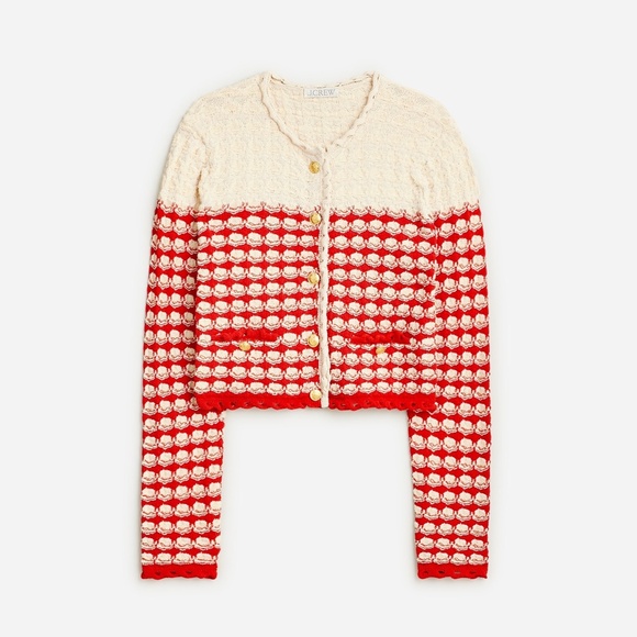 J. Crew Textured Crochet Lady Jacket Cardigan, Red Cream, Size Large - Picture 9 of 9